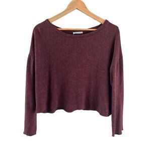 Zara Raw Edge Long Sleeve Scoop‎ Neck Oversized Maroon Black Sweatshirt Top Sz S